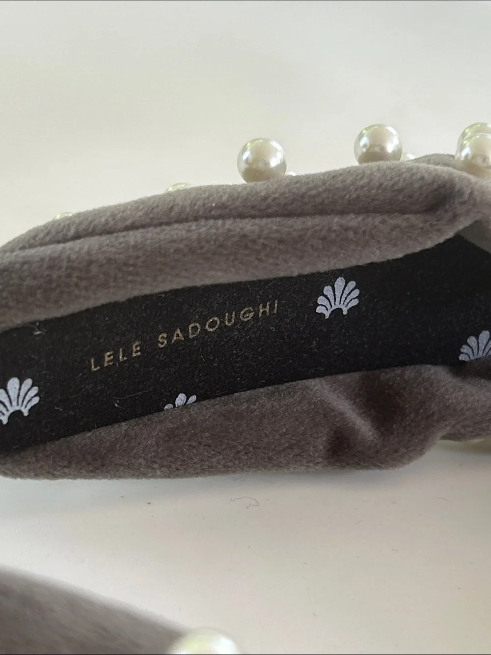 Authentic Lele Sadoughi Gray Velvet Pearl Knotted Headband
